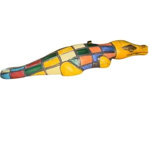 Multi Color CROCODILE F Raku Pottery Figurine Handmade South African Clay 9 In